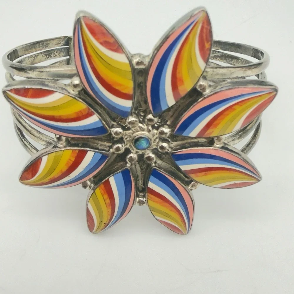 Vtg Sterling Silver Multi Stone Inlay Large Flower Cuff Bracelet One of a Kind